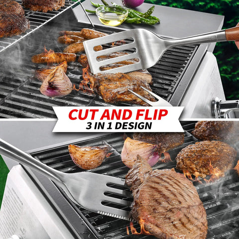 Heavy Duty Rosewood BBQ Tools Set With Extra Thick Stainless Steel Spatula in use on grill with meat and vegetables