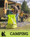 Ultimate Heavy Hitter Contractor Bags Built Like A Tank For Renovation Debris And Yard Waste 42 Gallon Tear Resistant Polypropylene Reusable Jobsite Trash Bags 10 Pack in camping scene with people and dog.