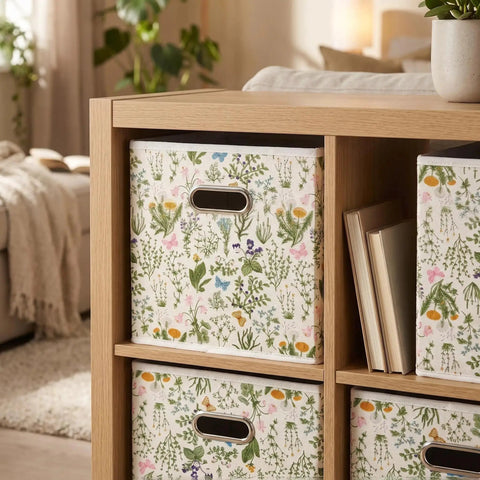 Six Piece Wild Floral Fabric Storage Cubes With Handles displayed in a cube shelf, featuring a vibrant floral pattern.