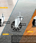 Badass No Sweat Hair Free Caster Wheels For Salon Cart Beauty Table Trays Set Of Four showing wheels on ceramic tile, carpet, and wood.