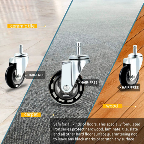 Badass No Sweat Hair Free Caster Wheels For Salon Cart Beauty Table Trays Set Of Four showing wheels on ceramic tile, carpet, and wood.