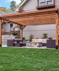 Beefy 4x4 Post Anchor Base With 3.6 X 3.6 Inch Inner Size installed under a wooden pergola in a backyard setting.