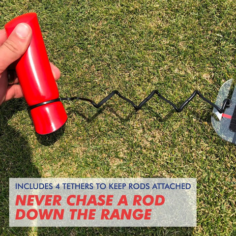 Speed Trap Two Point Zero Golf Swing Trainer with red rod and tethers, Made In USA Polycarbonate Base, on grass