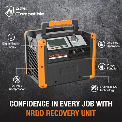 Built Tough Twin Cylinder A2L Safe Air Conditioning Recovery Pump With Fast Brushless DC Motor One Press Digital Display close-up view with features.