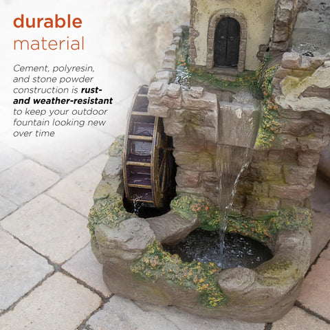 Outdoor Floor Tiered Fairy Castle Waterwheel Fountain With Realistic Stone Look Brown Finish, Includes Internal Pump.
