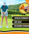 Golfer using Putt Master Golf Putting Aid Trainer For Precision And Consistency on green field, close-up of trainer detail inset