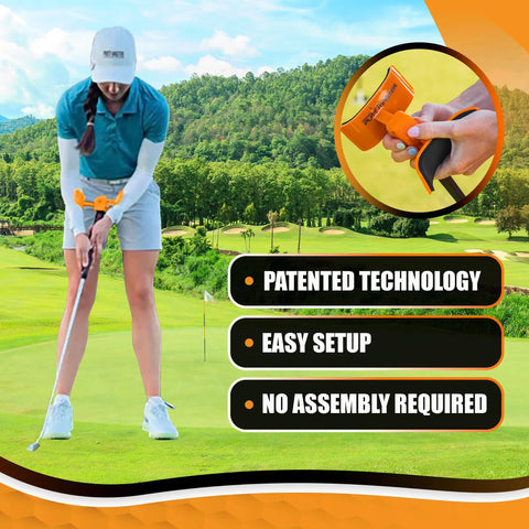 Golfer using Putt Master Golf Putting Aid Trainer For Precision And Consistency on green field, close-up of trainer detail inset