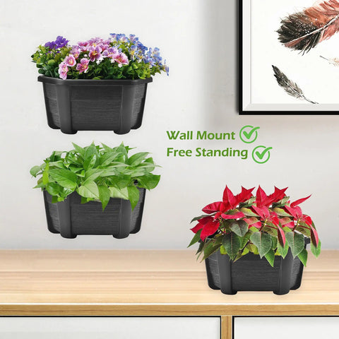 Top Tier Self Watering Wall Planters For Indoor Balcony And Railing Gardens, Dark Coffee Hanging Flower Pots with flowers and greenery.