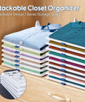 20 Pack Tshirt Organizer Stackable Closet Shelf Storage For Folded Clothes showing stacked trays with various colored shirts.