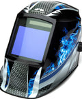 Wham 3030FM Auto Darkening Welding Helmet with blue flame design, pivot headgear, built tough nylon, solar powered, arc sensors