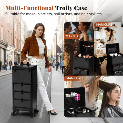 Ro ad Ready Roller Makeup Train Case With Three Spacious Drawers For Salon Pros And Grooming Artists Features Smooth Pivot Wheels And Tough Cosmetics Hauler Cart on the street.