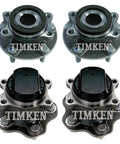 Complete Front And Rear Wheel Bearing And Hub Assembly Pack Of Four For Nissan Rogue Fwd 2008 To 2012 Heavy Duty Kit showing Timken hubs.