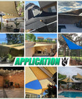 Collage of beige and blue shade sails installed over patios and backyards. Beige Right Triangle Shade Sail Canopy For Outdoor Patio Backyard Hangout Vibes 24x24x33.9 Feet Heavy Duty UPF50 Plus 95 Percent UV Blockage Water And Air Permeable Custom Size Available.