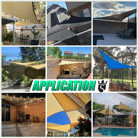 Collage of Beige Triangle Sun Shade Sail Canopy for Patio Outdoor Living 28 Ft By 28 Ft By 28 Ft UPF50 Plus UV Blockage