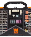 Heavy Hitter Rotary Tool Accessory Kit With 150 Badass Bits For Sanding Carving Deburring Cutting Polishing Rust Removal Stores Snug In A Nifty Carrying Case showing organized bits and tools.