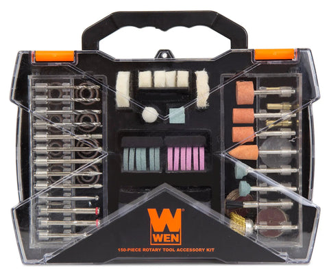 Heavy Hitter Rotary Tool Accessory Kit With 150 Badass Bits For Sanding Carving Deburring Cutting Polishing Rust Removal Stores Snug In A Nifty Carrying Case showing organized bits and tools.