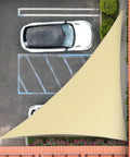Beige Right Triangle Shade Sail Canopy For Outdoor Patio Backyard Hangout Vibes installed over parked cars providing shade