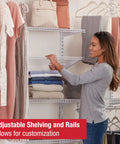 Woman adjusting Rock Solid Closet Shelving System Adjustable 6 To 10 Feet Wide Metal Wire Storage Rack With Rust Proof Epoxy Finish.