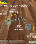 No Sweat Ultra Slim Miter Connector For Knockout Wood Joints shown with bore depths and diameters on wood background.