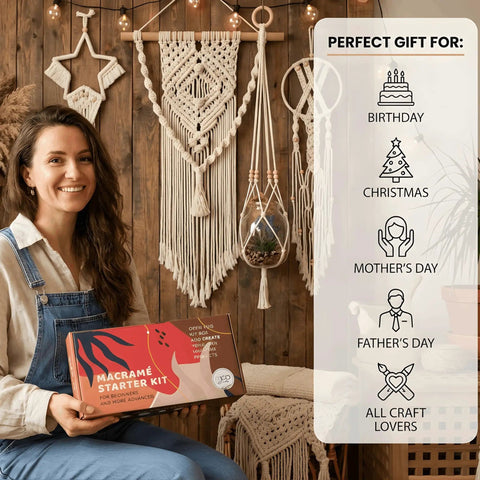 Woman holding Dope Macrame Starter Kit For Adults Beginners With 112 Piece Supply Pack And 7 Projects, 165 Yards Of 3Mm Cotton Cord.