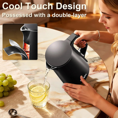 Person pouring from Compact 0.8L Travel Electric Kettle With Double Wall 304 Stainless Steel Auto Shut Off Portable Kettle
