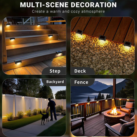 16 Pack Solar Deck Lights And Outdoor Step Lamps Waterproof Led Stair Lanterns For Fence Patio Railing, illuminating steps and fences.
