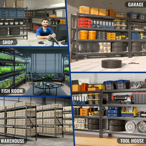 Straight Up Massive Garage Shelving Unit With An Actual 8000 LBS Weight Limit And Extra Wide Adjustable Four Tier Steel Racks Built Tough For Basement Gear Or Warehouse Hauling Black Storage Rack in various setups.