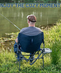 Man fishing by pond on Aluminum Camping Directors Chair With Side Table Pocket Portable Folding Lawn Chair 400 lbs capacity navy