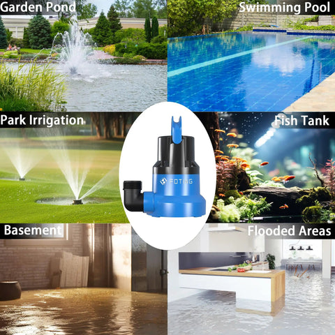 One Half Horsepower Submersible Water Pump With Stainless Steel Base 2450 GPH Portable Sump Pump shown for multiple uses
