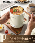 Grab And Go Portable Travel Kettle 600ml With Foldable Handle Electric Kettle Food Grade Stainless Steel Collapsible Water Boiler Dual Modes Compact Kettle For RV Camping Beige Design in use for cooking noodles on wooden board.