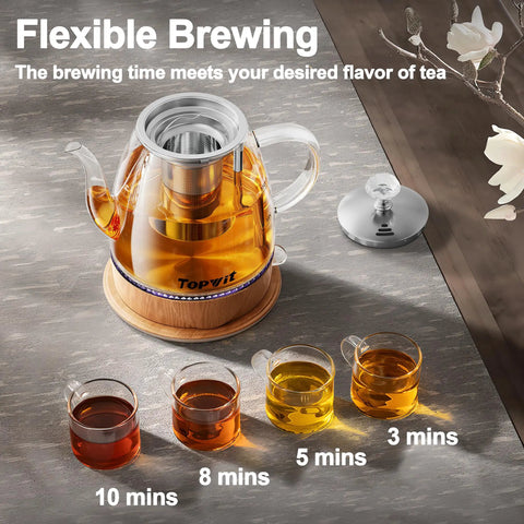 Glass Electric Kettle With Removable Stainless Steel Infuser 1 Liter Dual Purpose For Tea Coffee And Hot Water Auto Shut Off Boil Dry Protection BPA Free Easy Pour Design on table with brewed tea