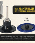 Two Inch Grinding Discs Set With Roll Lock Quick Change Adapter And Backing Pad, Zirconia Coarse Cut Sanding Discs In 36 60 80 Grit, 25 Discs Each - Disc adapter holder with R-type roll lock shown