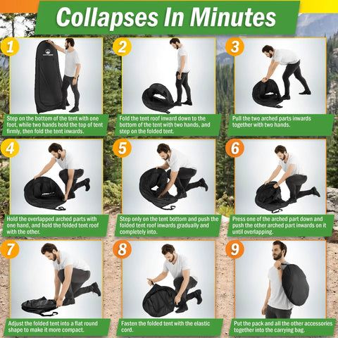 Step-by-step folding of Multipurpose Privacy Pop Up Tent For Camping And Beach with man collapsing and storing in carry bag