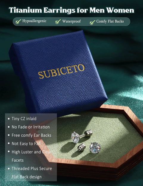 Fresh Hypoallergenic Titanium Stud Earrings With Secure Screwback Cap For Sensitive Ears Silver Tone Cubic Zirconia Stone accessory in blue box.