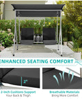 Two Seat Outdoor Porch Swing With Adjustable Canopy Heavy Duty 650 Lbs Capacity Pivot Storage Table Cup Holders And Cushions For Yard Lawn Backyard Dark Black shown with enhanced seating comfort features and 2-inch cushions.