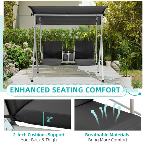 Two Seat Outdoor Porch Swing With Adjustable Canopy Heavy Duty 650 Lbs Capacity Pivot Storage Table Cup Holders And Cushions For Yard Lawn Backyard Dark Black shown with enhanced seating comfort features and 2-inch cushions.