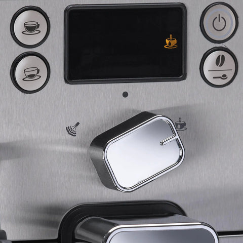 Super Automatic Espresso Machine With One Touch Brewing Delivers Solid Daily Grinds And Straight Fire Shots That Hit Different Every Time In A Sleek Silver Body Made For Zero Hassle Home Brewing control panel showcasing sleek buttons and digital display.