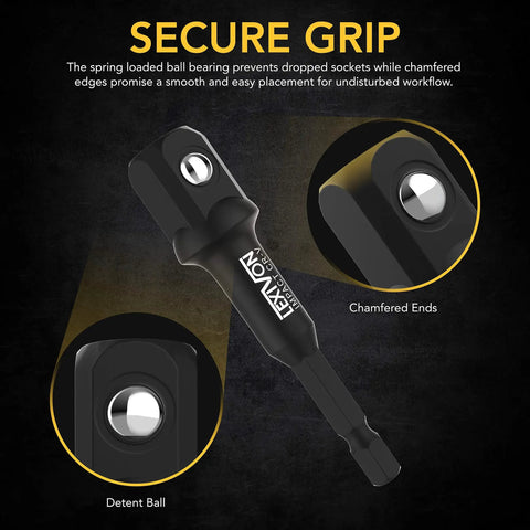 Impact Socket Adapter And Magnetic Bit Holder Set, Four Piece 1/4 Inch Hex Shank Extensions To 1/4, 3/8, And 1/2 Inch Drives, close-up view