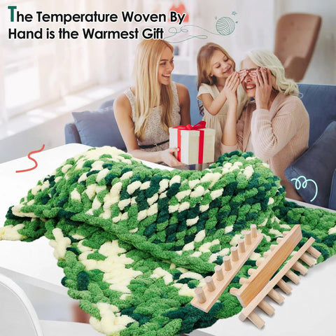 64 Inch Chunky Blanket Loom For DIY Throw Blankets Easy To Use Adjustable Hand Weaving Frame No Needles Required Beginner Friendly Craft Tool with completed green blanket and family in background