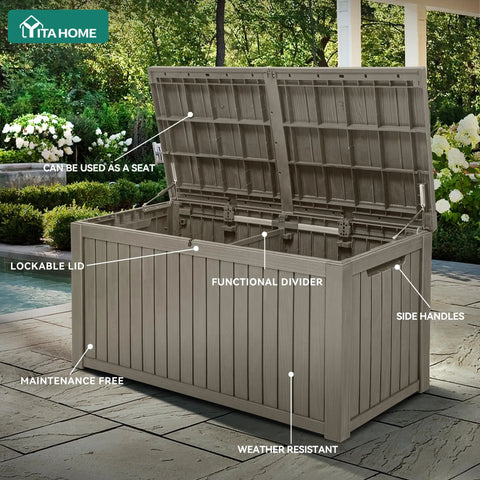Massive 220 Gallon Outdoor Storage Deck Box With Divider Waterproof Lockable Resin Built Wood Look Brown Perfect For Patio Furniture And Garden Tools Organization shown open with features labeled