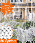 Premium Super Stretchy Halloween Spider Webs Covering 1400 Square Feet With 150 Extra Fake Spiders for outdoor decoration.