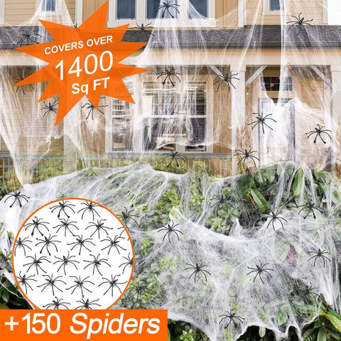Premium Super Stretchy Halloween Spider Webs Covering 1400 Square Feet With 150 Extra Fake Spiders for outdoor decoration.