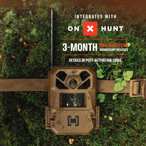 Edge 3 Cellular Trail Camera Bundle 2 Pack With 40MP HD Photos 1080p Low Glow Flash GPS Multi Carrier Auto Connect Built In Memory Half Second Trigger AI Buck Detection Real Time Deer Movement Alerts, shown with ONX Hunt integration in foliage.