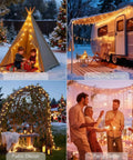 Collage showing Solar String Lights Outdoor IP65 Waterproof 9.3 Feet With 20 Crystal Globe Bulbs in tent, camping, patio, and party setups.