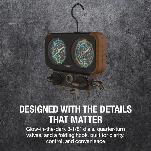 Precise Class 1.0 HVAC Manifold Gauge Set With Beefy Aluminum Body showing 3-inch dials and quarter-turn valves against a textured background.