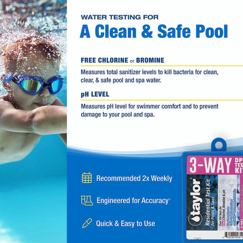 Zero Hassle Three In One Dpd Water Test Kit For Pools And Spas With Handheld Comparator For Quick Free Chlorine Ph And Bromine Checks Compact case displayed underwater with a child swimming.