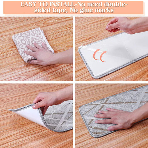 Installing No Slip Stair Treads Carpet Self Adhesive Gray Staircase Mats Set Of 13, showing peel and stick process on wooden stairs.