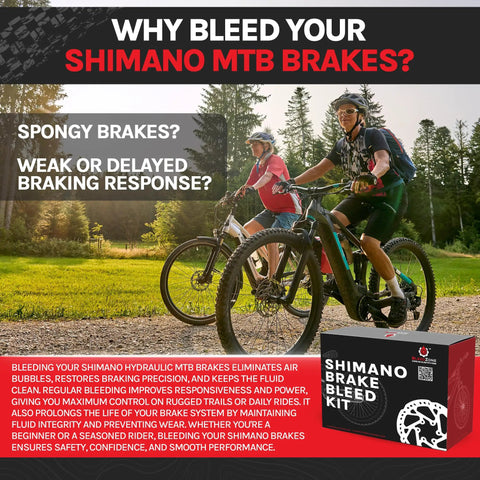 Cyclists with Shimano MTB bikes next to Shimano Hydraulic Brake Bleed Kit box for mountain bike brake maintenance.