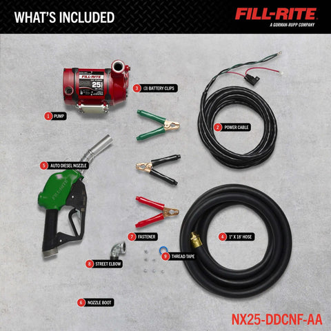 Heavy Duty Foot Mounted Fuel Transfer Pump With Attached Discharge Hose And Auto Nozzle Goes Non Stop Delivering A Steady 25 Gpm high flow output kit.