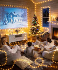 Family room decorated with Rechargeable 33Ft 100LED Copper Wire String Lights With Timer And 13 Modes, cozy holiday setting.